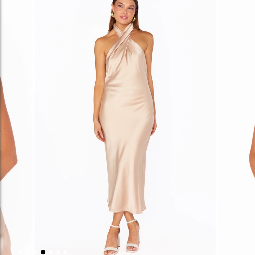 Show Me Your Mumu Jasmine Halter Midi Dress in Champagne Luxe Satin